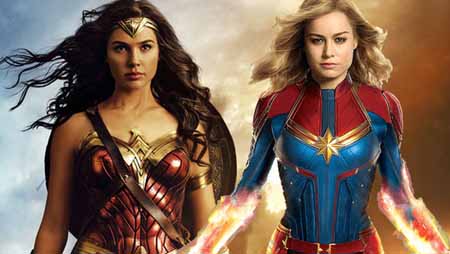 Wonder Woman and Captain Marvel looking ahead on a side by side photo.